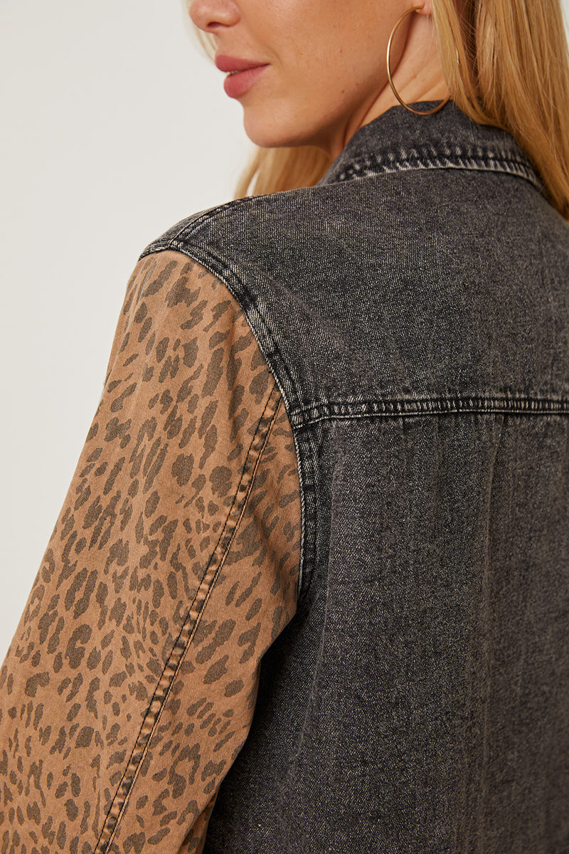 MeiMei Leopard Raw Hem Pocketed Denim Jacket