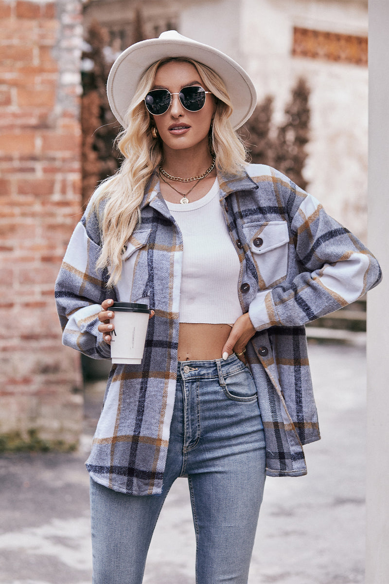 Mandy Plaid Long Sleeve Shirt Jacket with Pockets