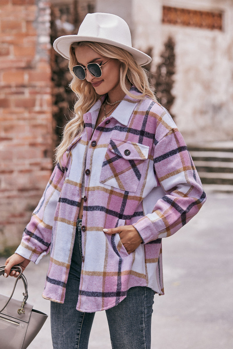 Mandy Plaid Long Sleeve Shirt Jacket with Pockets