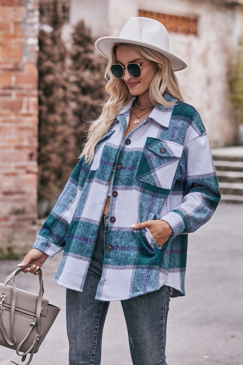 Mandy Plaid Long Sleeve Shirt Jacket with Pockets