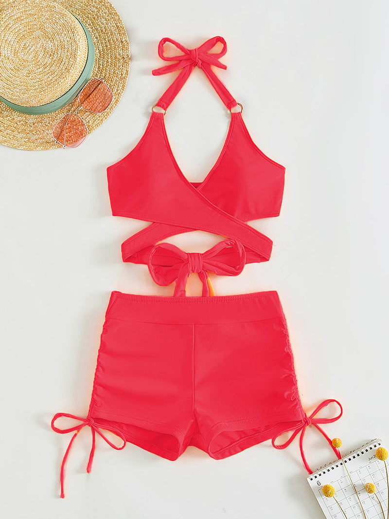 Crisscross Tied Top and Drawstring Shorts Swim Set