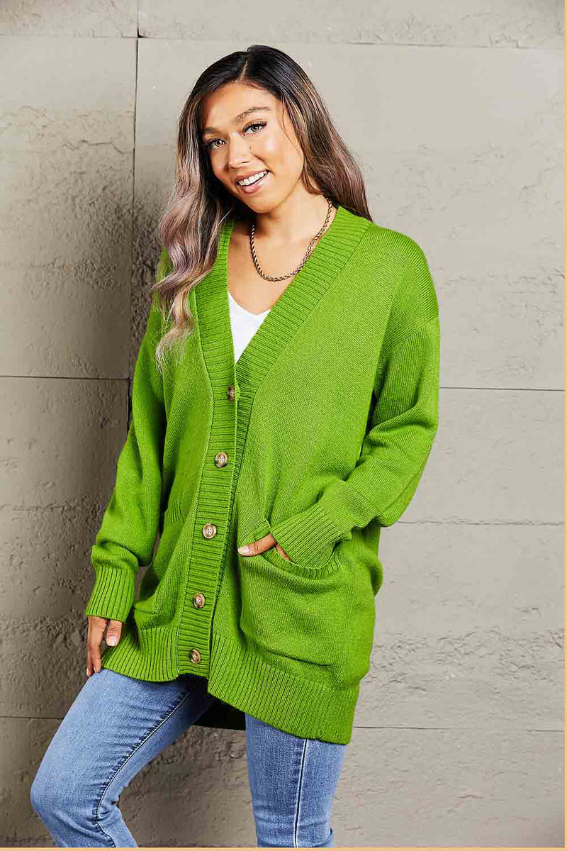 Ribbed Trim Dropped Shoulder Pocketed Cardigan