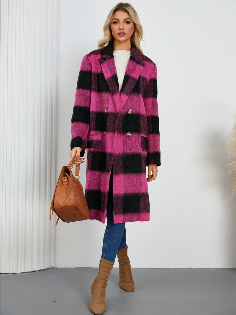 Plaid Double-Breasted Long Sleeve Coat