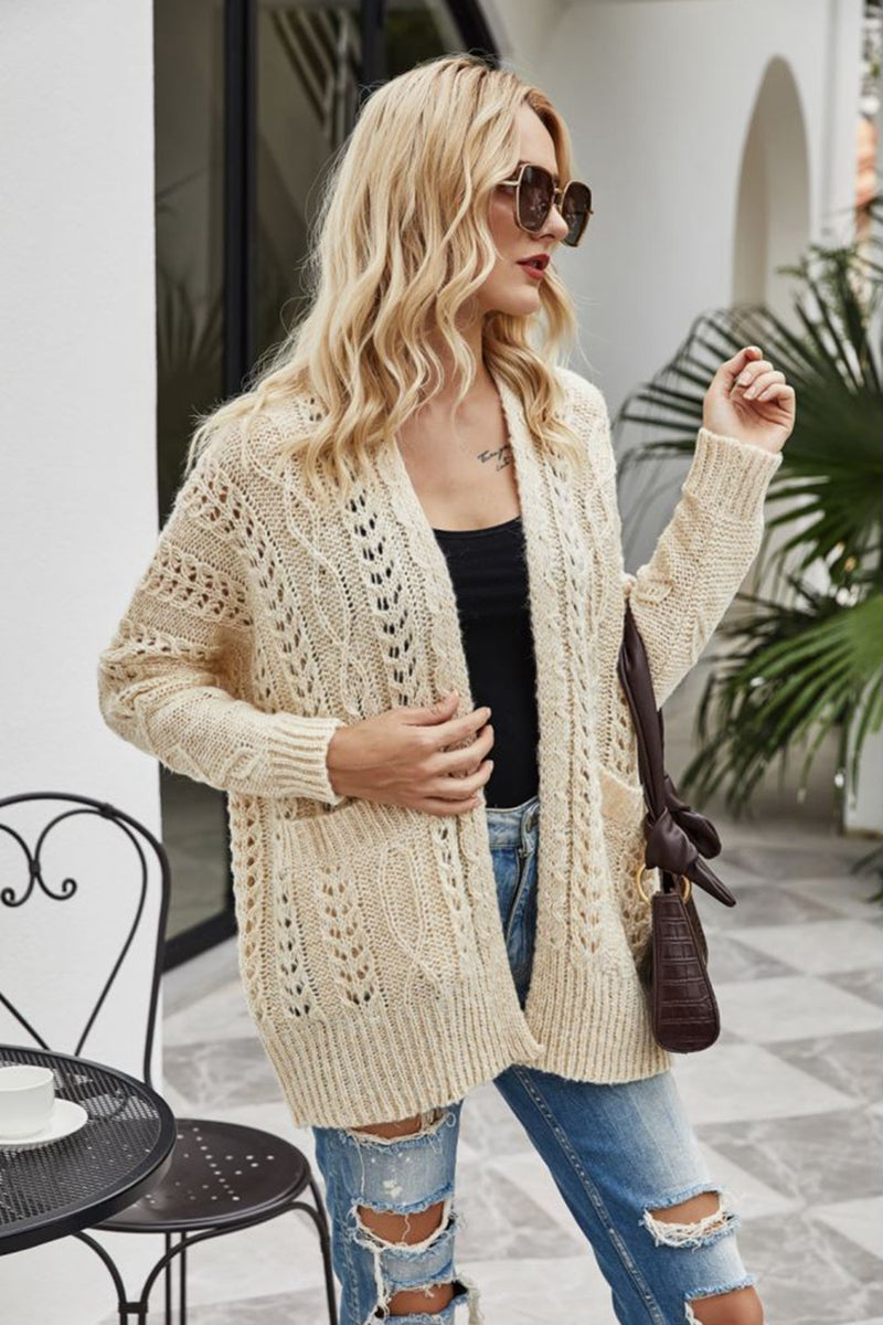 Ribbed Trim Openwork Open Front Cardigan