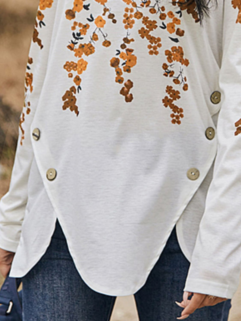 T-shirt boutonné à manches longues et col en V à imprimé floral