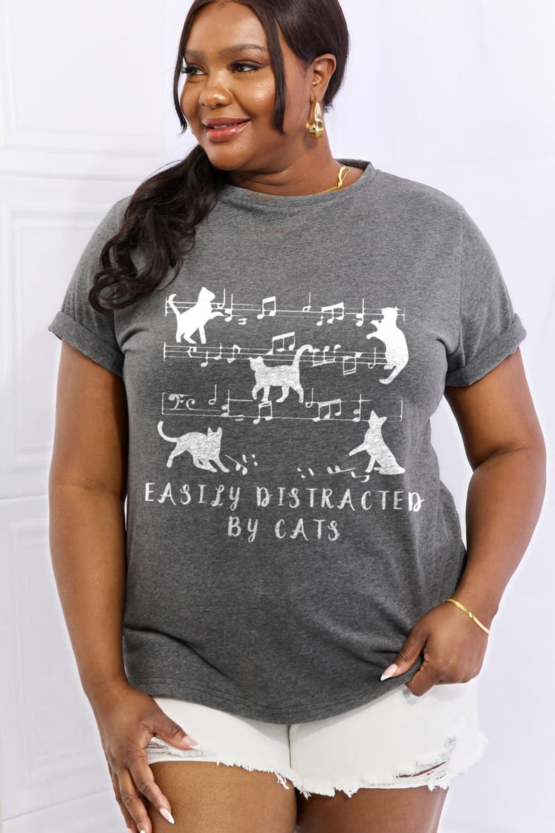 Simply Love Taille complète FACILEMENT DISTRAIT PAR LES CHATS T-shirt en coton graphique