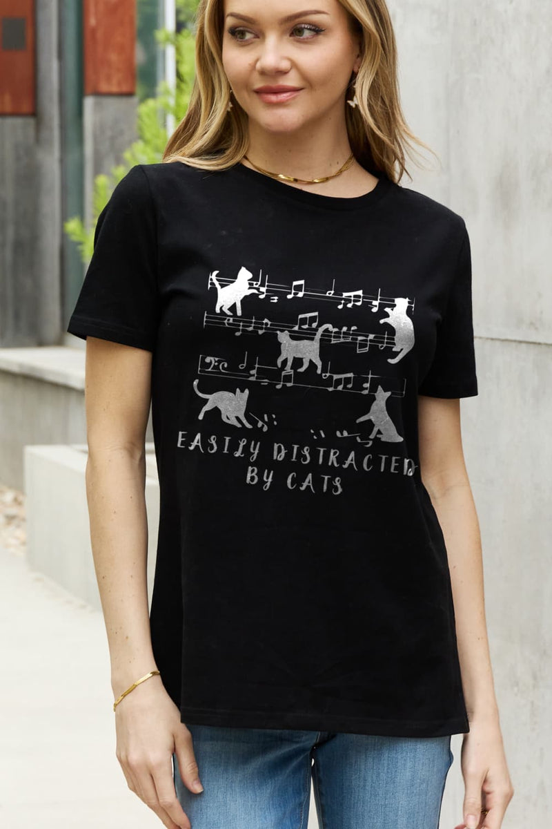 Simply Love Taille complète FACILEMENT DISTRAIT PAR LES CHATS T-shirt en coton graphique