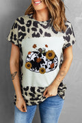 Camiseta con estampado de calabaza y cuello redondo con estampado de leopardo