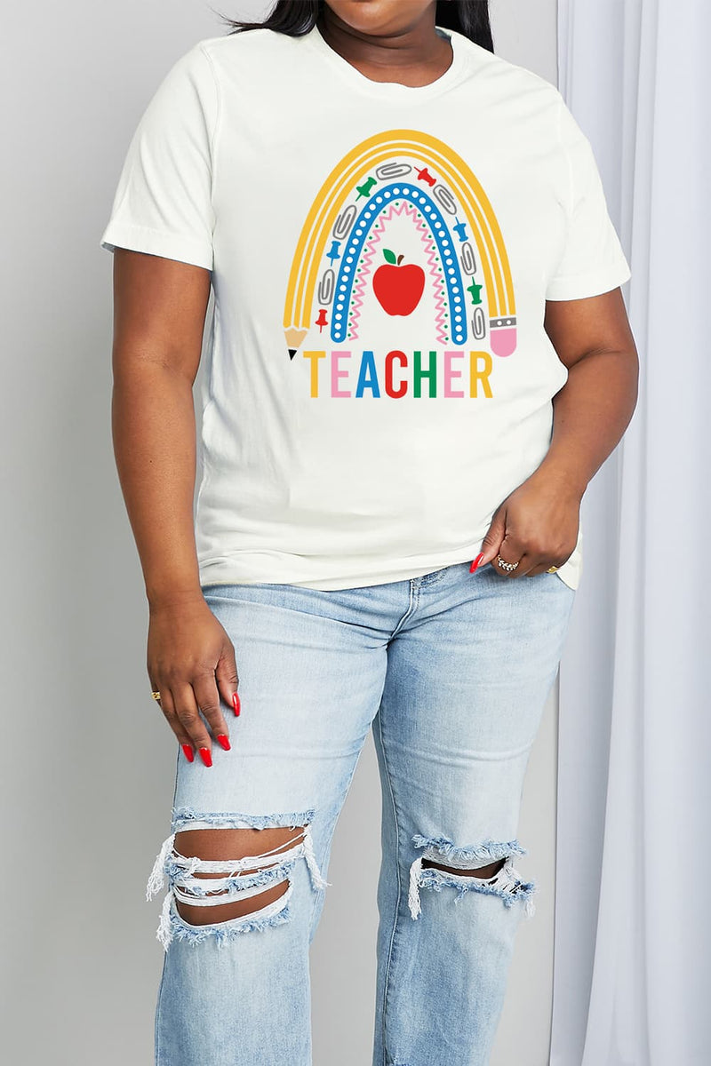 Camiseta de algodón con gráfico de arco iris TEACHER de tamaño completo de Simply Love