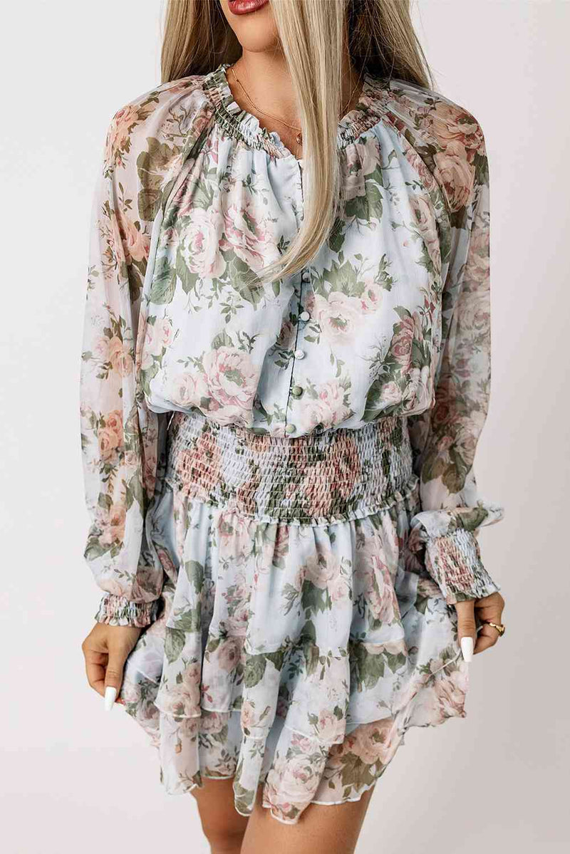 Floral Smocked Waist Layered Mini Dress