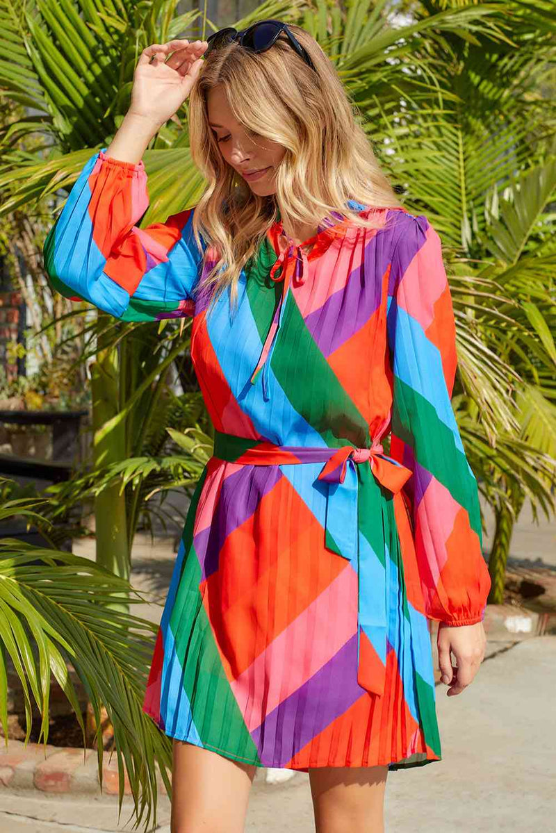 Multicolored Tie-Waist Pleated Balloon Sleeve Dress