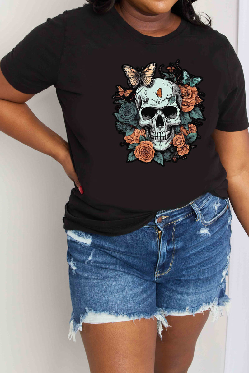 Camiseta de algodón con estampado de calavera de tamaño completo de Simply Love