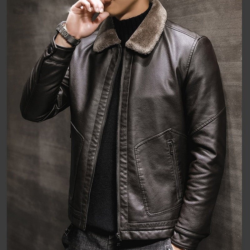 Men's Faux Leather Thick Fleece Winter Jacket