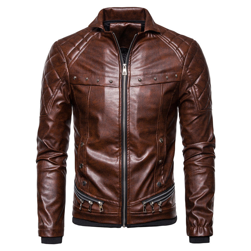 Chaqueta con cuello de piel de cuero PU estilo punk para hombre