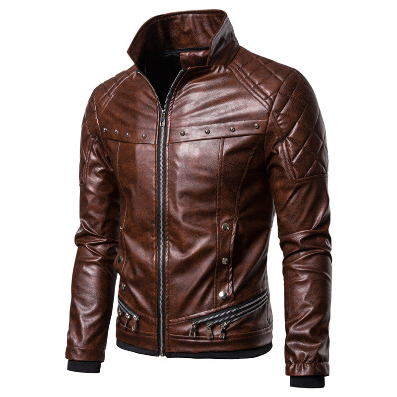 Chaqueta con cuello de piel de cuero PU estilo punk para hombre