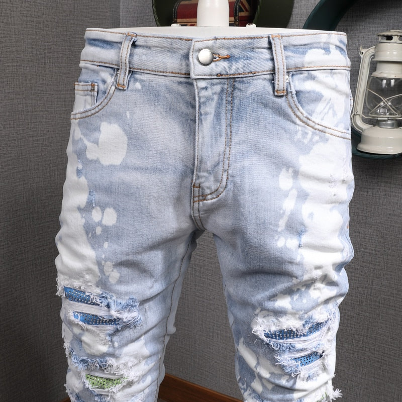 Jeans ajustados desgastados de patchwork para hombre