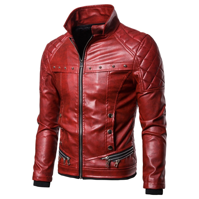 Chaqueta con cuello de piel de cuero PU estilo punk para hombre