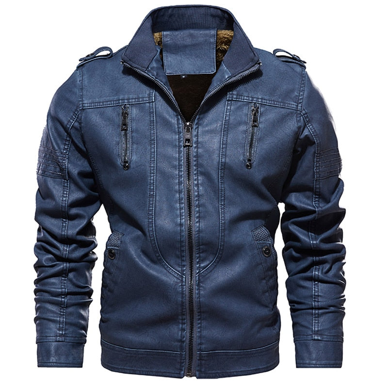 Chaqueta de cuero de PU con interior de vellón retro para hombre