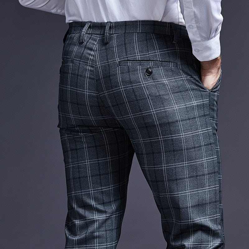 LARA Pantalones de traje formales a cuadros ajustados para hombre