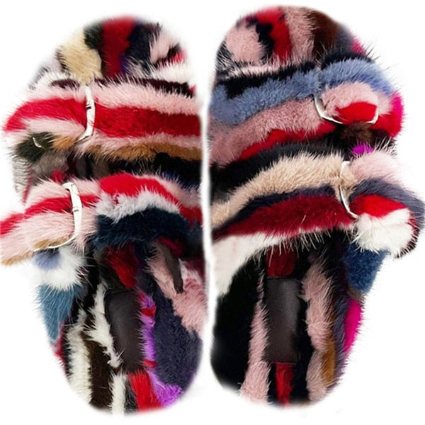 Women's Double Strapped Furry Fluffy Slippers