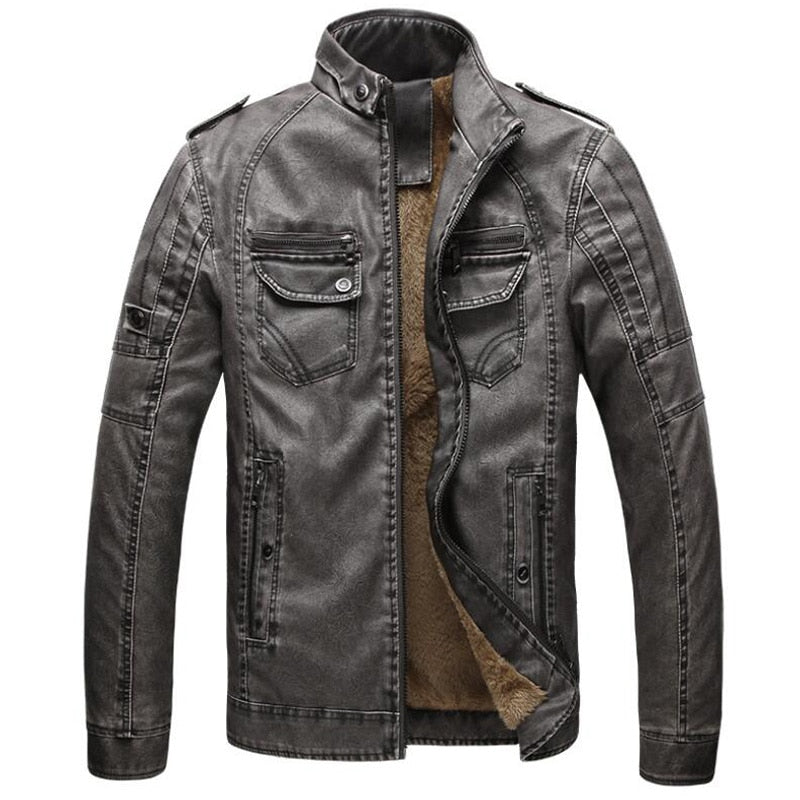 Men's Winter Thick Wool Interior PU Leather Jacket