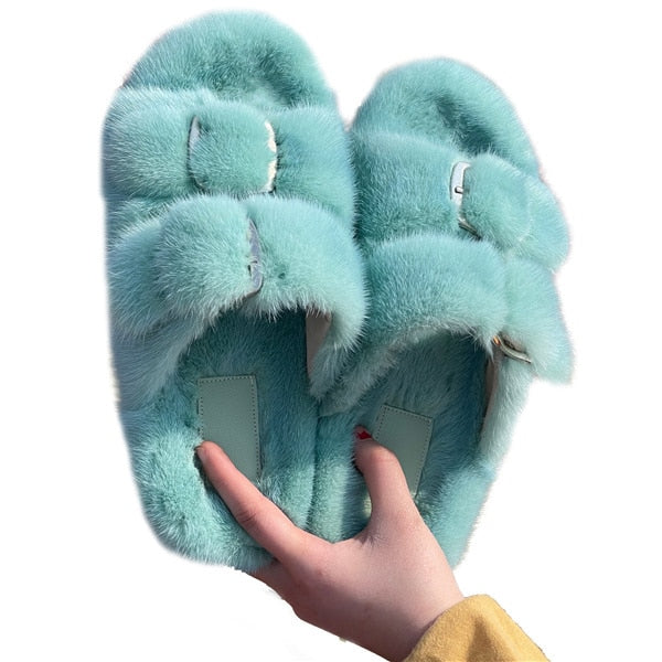 Pantuflas peludas y esponjosas con doble tira para mujer 