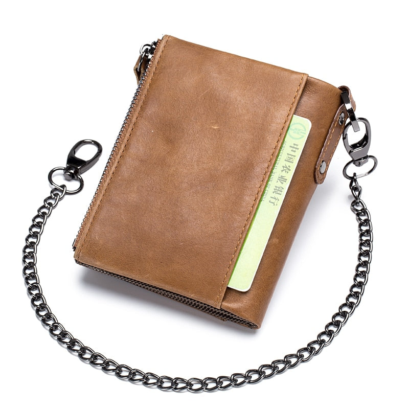 BULLCAPTAIN Genuine Leather Zipper Wallet W/Chain