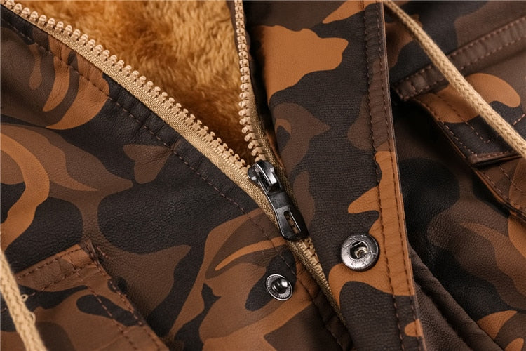 Men's Faux Leather Fleece Camouflage Jacket