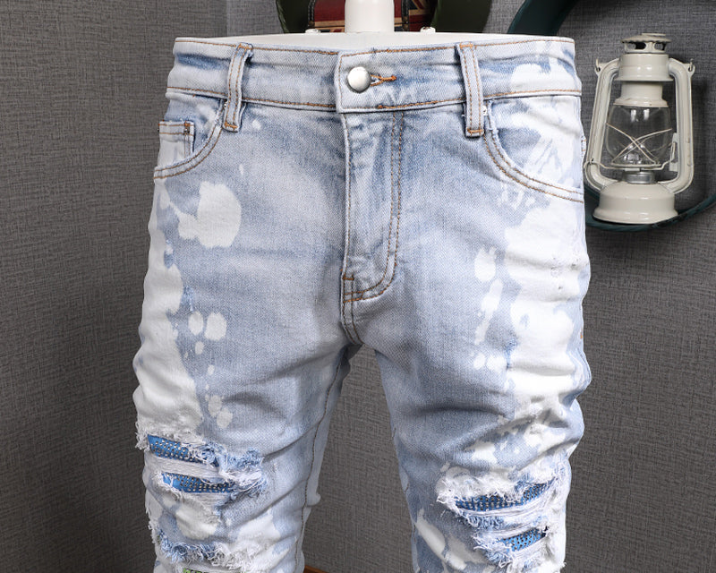 Jeans ajustados desgastados de patchwork para hombre