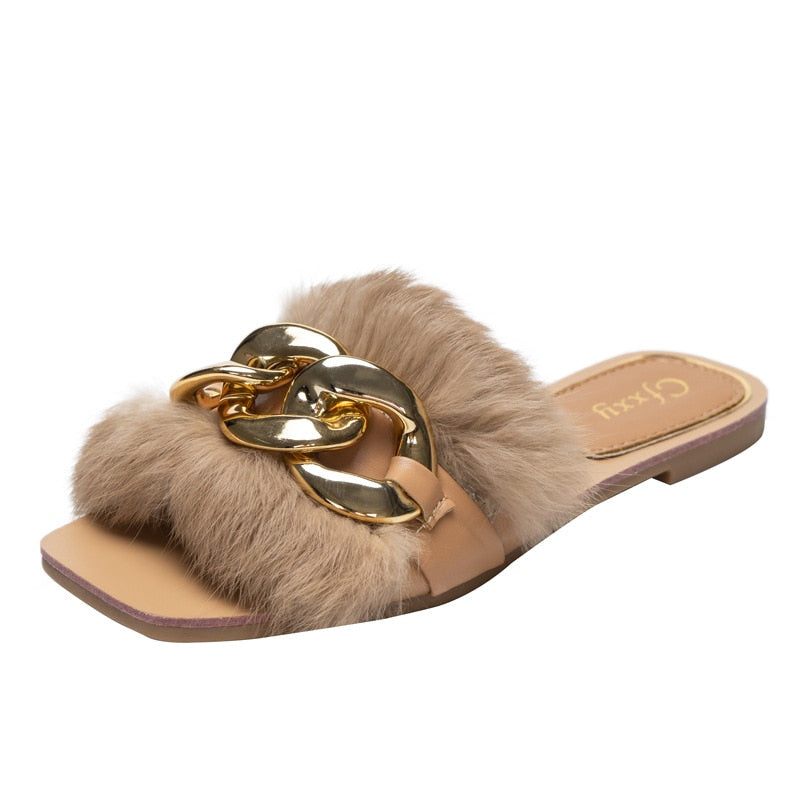 Women's Chain Detail Plush Furry Slippers