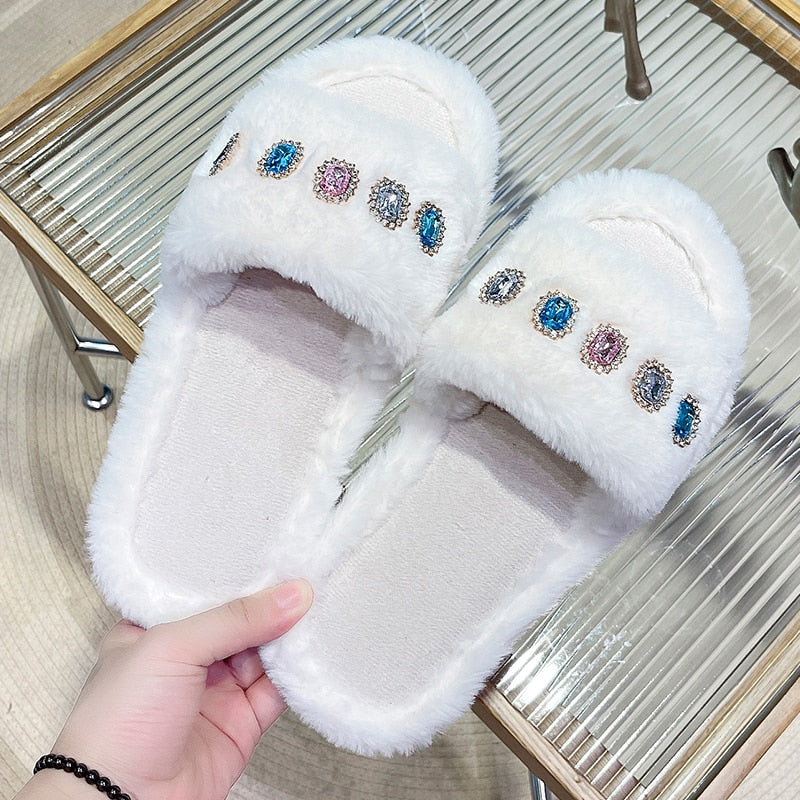 Women's Furry Slippers W/ Rhinestone Gemstone Details