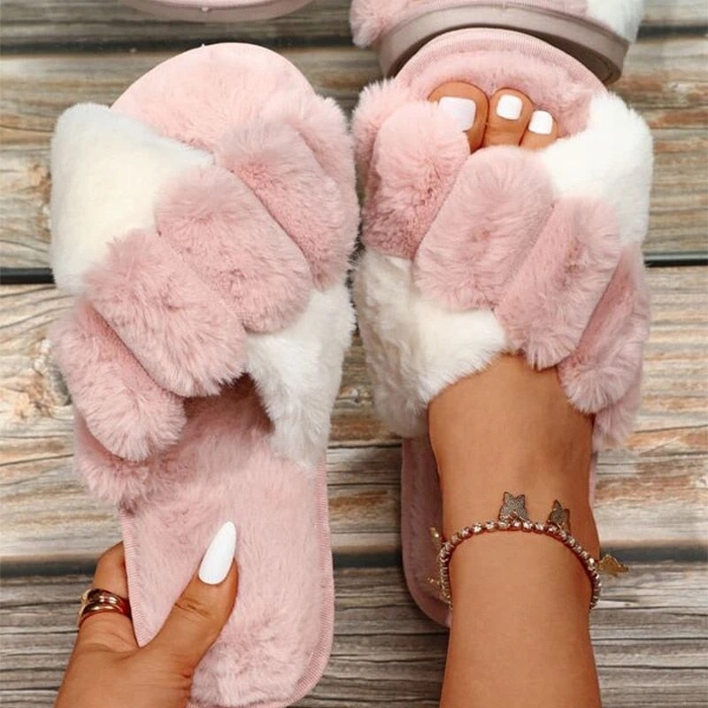 Pantuflas peludas de dos tonos para mujer