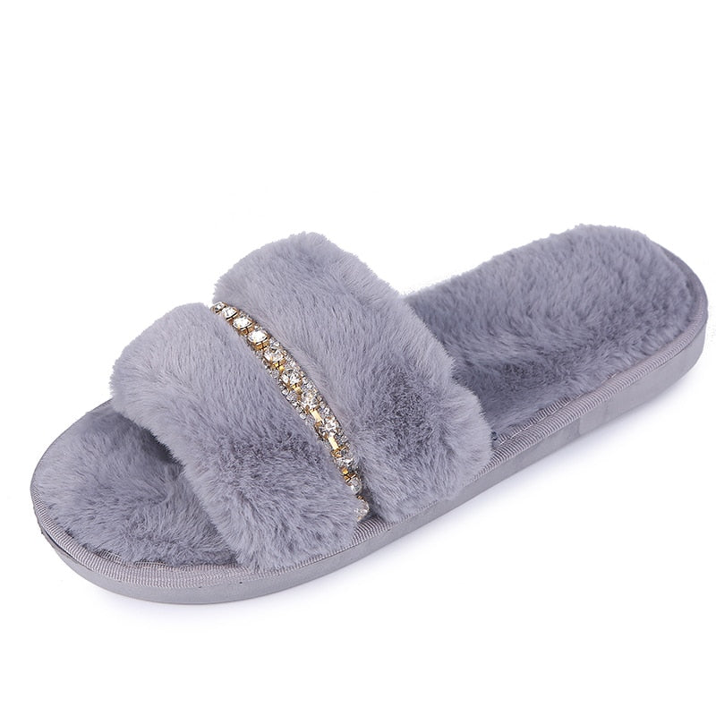 Women's Casual Furry Slippers W/ Rhinestones Detail