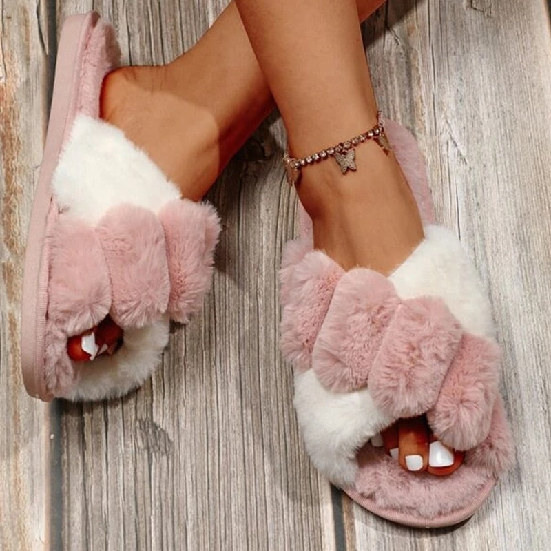 Pantuflas peludas de dos tonos para mujer