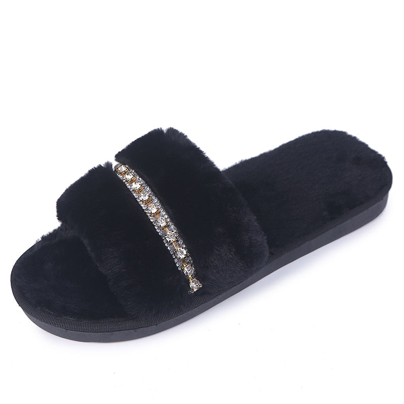 Women's Casual Furry Slippers W/ Rhinestones Detail