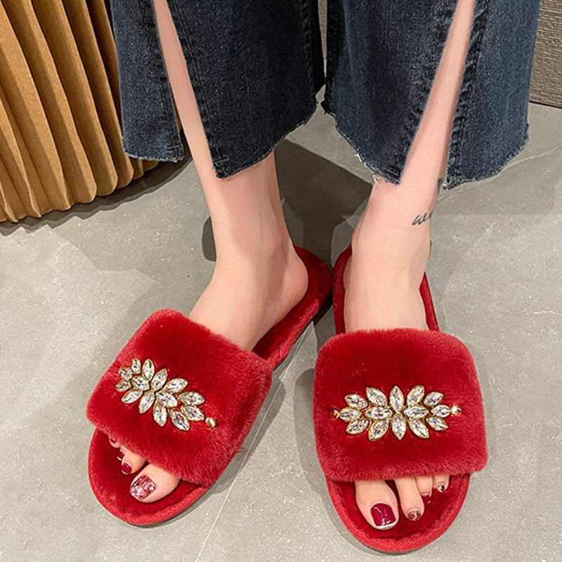 Women's Furry Slippers W/ Crystal Flower Detail