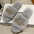 Women's Furry Slippers W/ Crystal Flower Detail