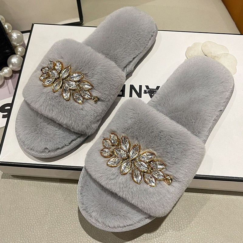 Women's Furry Slippers W/ Crystal Flower Detail