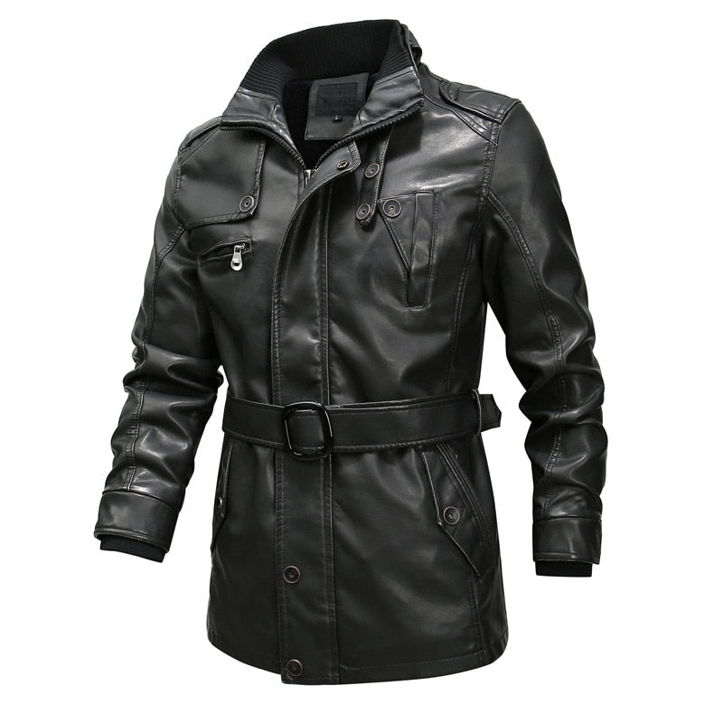 Blouson de moto long en similicuir coupe-vent pour homme