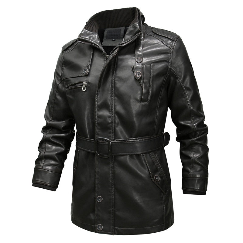 Blouson de moto long en similicuir coupe-vent pour homme