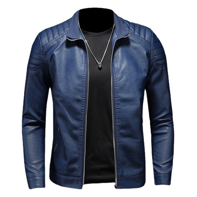 BOUS Men's Stand Collar Pleated PU Leather Jacket