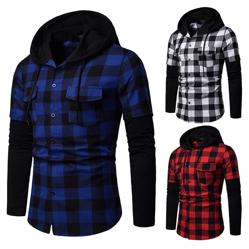 VAC Men's Casual Slim Fit Flannel Hooded Shirt