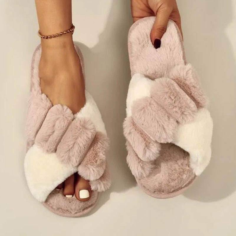 Pantuflas peludas de dos tonos para mujer