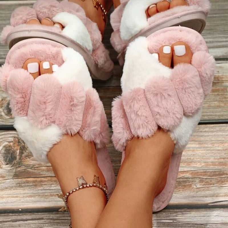 Pantuflas peludas de dos tonos para mujer