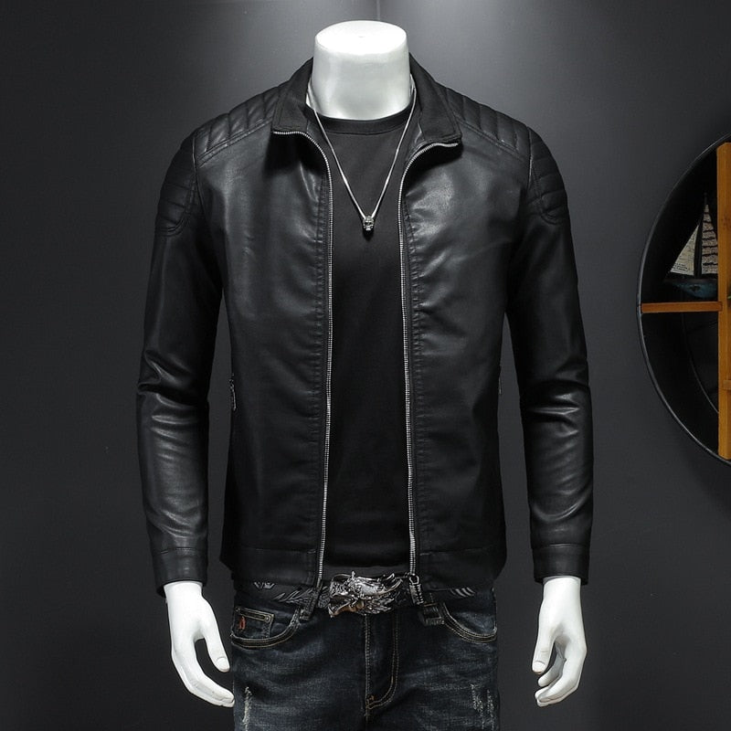 BOUS Men's Stand Collar Pleated PU Leather Jacket