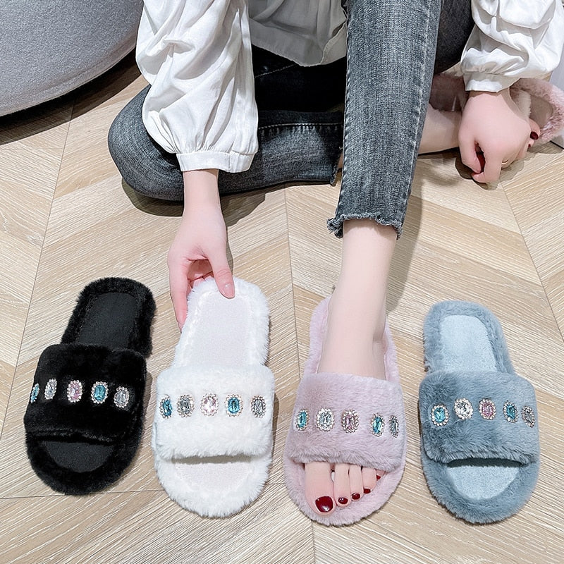 Women's Furry Slippers W/ Rhinestone Gemstone Details