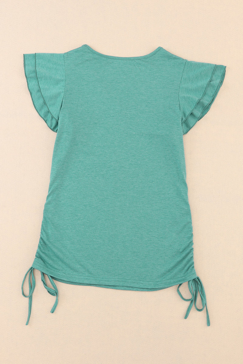 T-shirt à manches flottantes superposées avec cordon de serrage et col en V