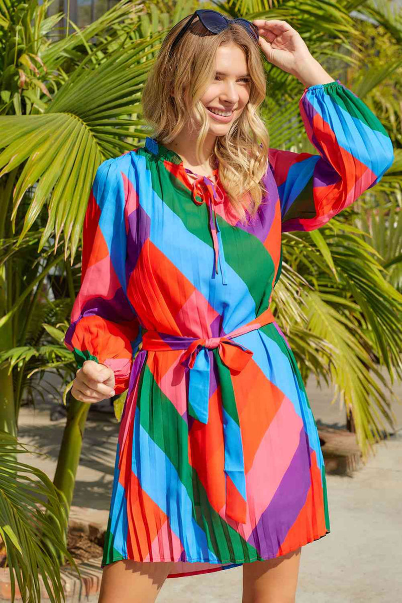 Multicolored Tie-Waist Pleated Balloon Sleeve Dress