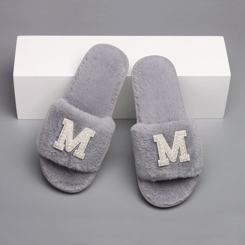 Customizable Women's Pearl Letter Decor Furry Slippers - AM APPAREL