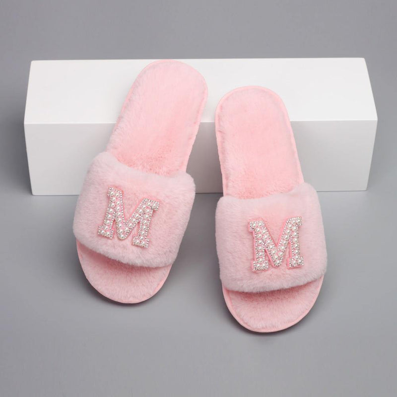 Customizable Women's Pearl Letter Decor Furry Slippers - AM APPAREL